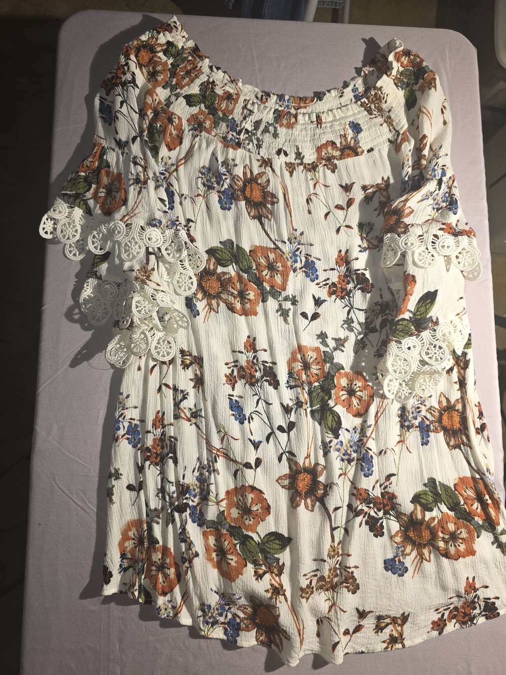 Women’s Cream Half-sleeved Floral Smocked Tunic with Lace Trim